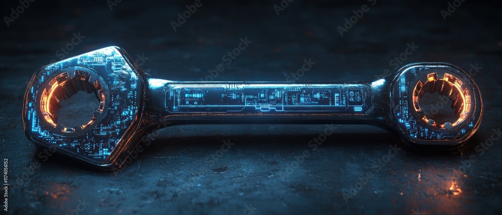 Poster Futuristic Blue Digital Wrench Spanner with Glowing Circuitry and Binary Code for Smart Maintenance and Repair Assistance