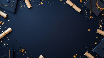 Graduation Themed Design with Mortarboards, Diploma Scrolls, and Golden Confetti