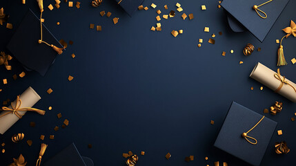 Graduation Themed Design with Mortarboards, Diploma Scrolls, and Golden Confetti