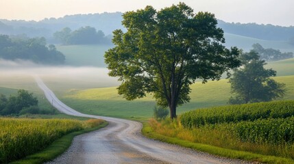 Fototapeta premium Country Road Winding Through Misty Green Hills