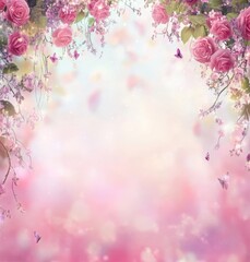 Fototapeta premium Butterflies dance around beautiful spring flowers in a garden filled with roses.