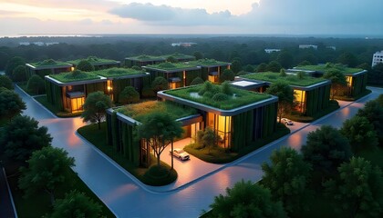 A futuristic urban neighborhood with modular houses built to withstand hurricanes, surrounded by lush vertical gardens and self-sustaining energy systems, in a serene twilight setting