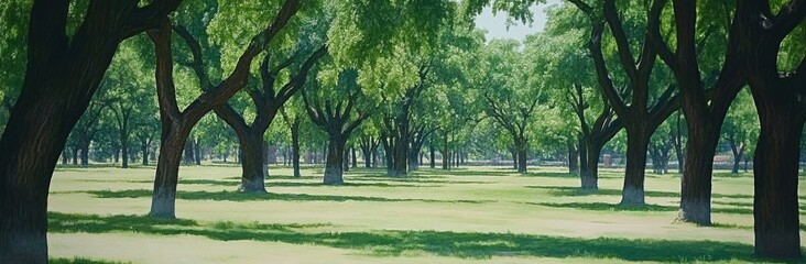 Fototapeta premium Panoramic imagery of a forest with shafts of sunlight piercing through the canopy
