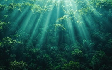 Obraz premium Sunbeams filtering through lush green rainforest canopy, creating a magical, serene atmosphere. A breathtaking aerial view of nature's vibrant beauty.