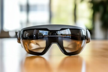 Innovative augmented reality glasses on a wooden table in a modern workspace