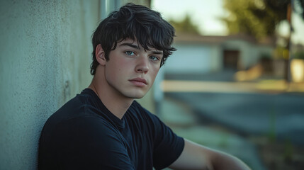 Young caucasian male teen with black hair wearing black t-shirt outdoors