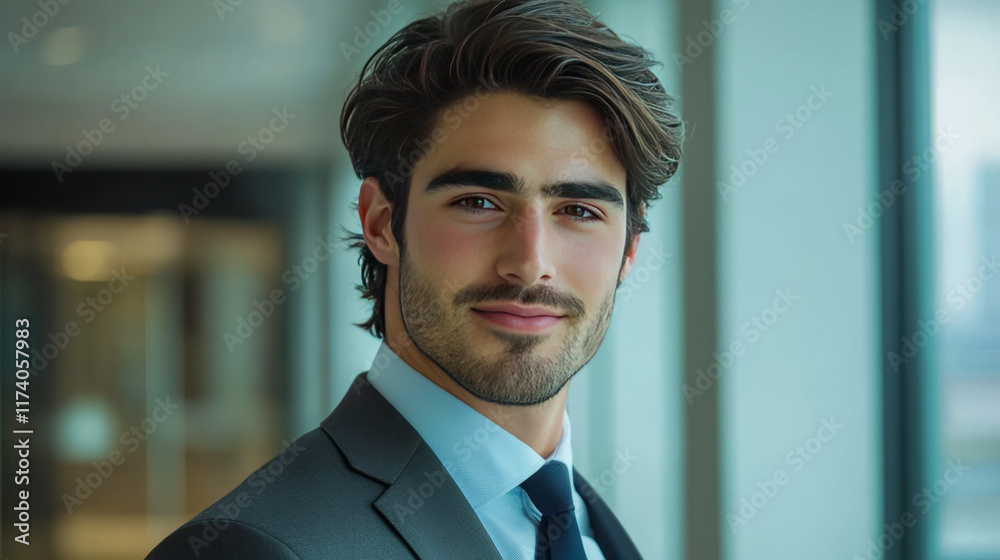 Wall mural Confident young adult caucasian male in business attire smiling in office setting