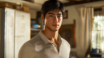 Asian young adult male in casual home setting