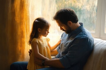 Hispanic father comforting sad daughter at home showing love and support in a warm intimate scene
