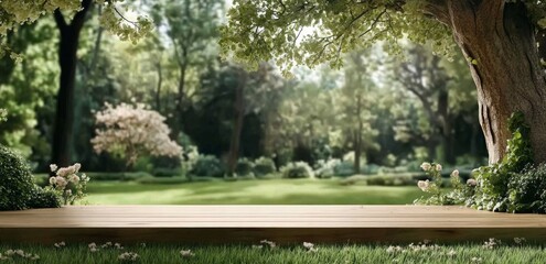 A table set in spring near flowering trees with a slightly out-of-focus sunny garden in the background