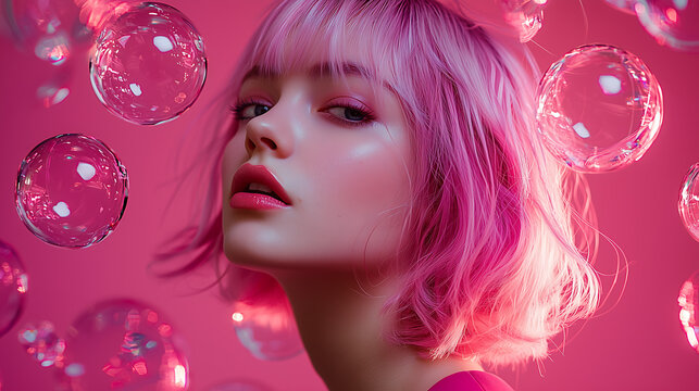 Portrait of woman with short pink hair surrounded by glowing bubbles