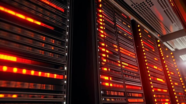A high-tech data center glows with vibrant red lights emanating from servers. This modern facility, bustling with activity, showcases cutting-edge technology and innovation. The atmosphere feels