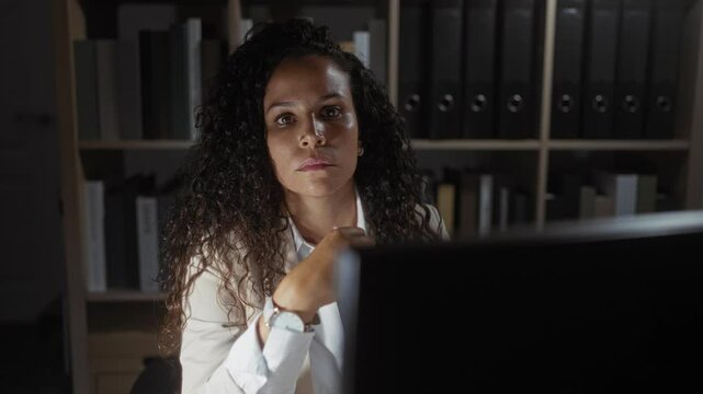 Woman working late in an office, staring at her computer screen with a serious expression, surrounded by books and binders on shelves, showcasing focused concentration and dedication.
