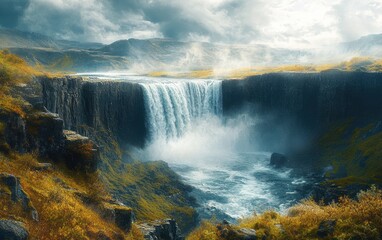 Fototapeta premium Majestic Waterfall in Iceland's Dramatic Landscape