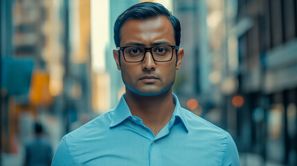 Young asian male with glasses in urban setting