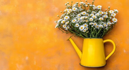 Spring flowers in a yellow watering can on a yellow background, expertly rendered in 3D with extra space for text and illustration