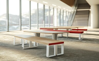 Modern office cafeteria tables benches sunlight mountain view