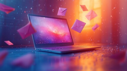 Colorful 3D Render of Laptop with Flying Envelopes Illustrating Email Marketing Strategy and Digital Campaign