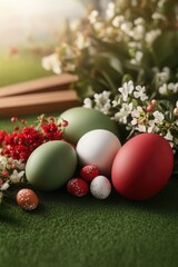 Obraz premium Colorful decorated eggs and flowers create a vibrant Easter celebration in a spring landscape