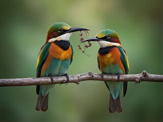 Obraz premium Two vibrant bee-eaters perched on a branch, surrounded by delicate red flowers and greenery, set against a soft natural background. 