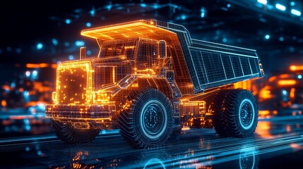 Wireframe model of a dump truck in a futuristic setting.