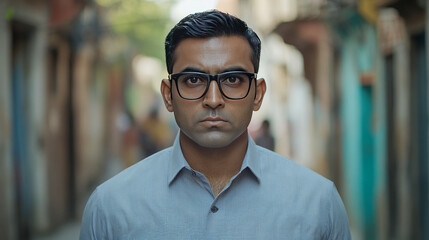 Serious asian male adult with glasses walking down a street