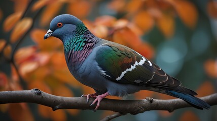 Close-up of a colorful pigeon sitting on a tree branch, surrounded by vibrant autumn leaves in warm orange and red hues.
