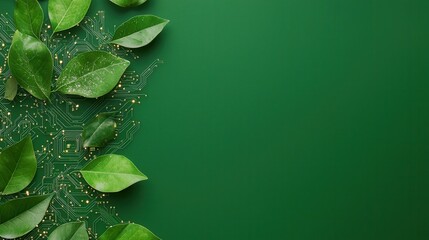 Digital circuits merging with natural leaves creative technology artwork green background nature meets tech concept