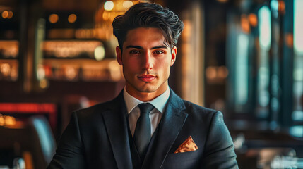 Confident young caucasian male in elegant suit at upscale venue