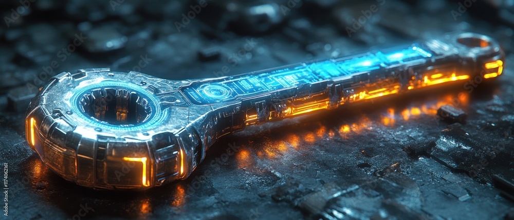 Poster blue digital wrench spanner glowing intelligent automation tool for maintenance management predictiv