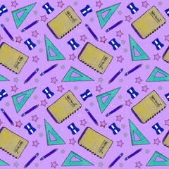 Seamless Pattern of School Supplies with Pencils, Journals, and Rulers
