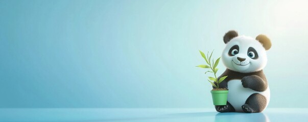 Fototapeta premium Cute cartoon panda holding a plant under a gentle glow digital illustration cheerful environment whimsical concept