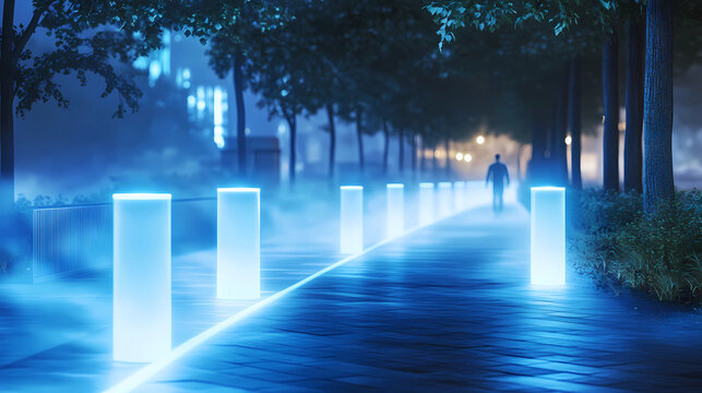 White and Blue Markers Illuminate Misty Pathway