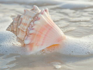 a large mollusk shell lying on the sandy shore. The shell has a beautiful spiral shape with pronounced ridges and sharp edges. 