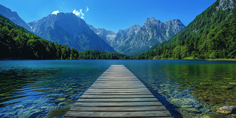 A wooden dock extending into a serene lake, with mountains towering in the background under a clear blue sky.