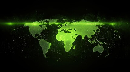 Digital world map illuminated by green energy icons global context infographic dark background high-tech concept