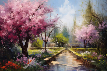 Fototapeta premium Vibrant spring garden with blooming pink trees and serene waterway under a clear sky