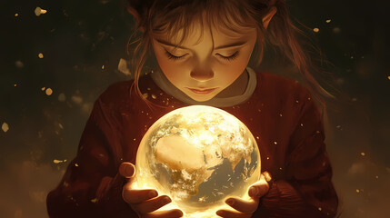 Naklejka premium Jeune fille pensive tenant un globe terrestre lumineux dans ses mains. Earthbound. Illustration