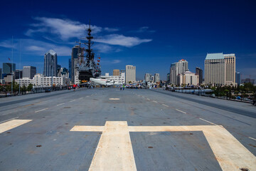 A large city with a large ship in the middle of it