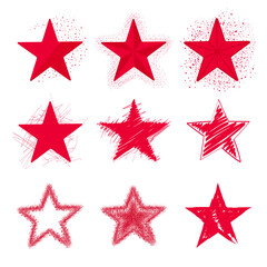 Set of red stars with various splashes and scribbles. Vector illustration isolated on white background.