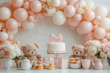 Charming baby shower setup with teddy bears, cake, and balloons