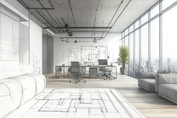 Modern office interior with architectural sketches and city view during daylight