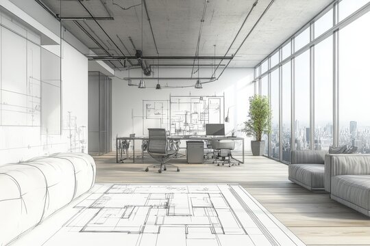 Modern office interior with architectural sketches and city view during daylight