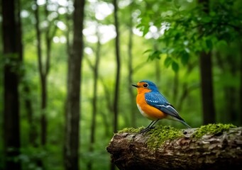 Obraz premium A cute blue Ultramarine Flycatcher (Superciliaris ficedula) perches atop a mossy stick, set against a distant, blurred green backdrop in dappled sunlight, showcasing amazing nature