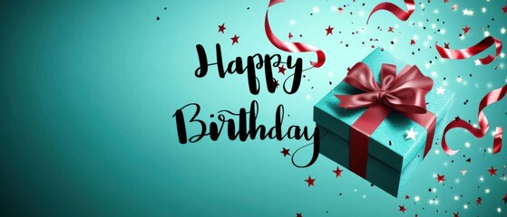 Teal Gift Box with Red Bow and Happy Birthday Message for Celebration