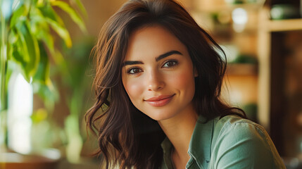 Obraz premium Young caucasian female smiling indoors amidst greenery and warm lighting