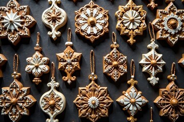 Fototapeta premium Vintage wooden ornaments with intricate white and brown designs, winter, snowflake, festive