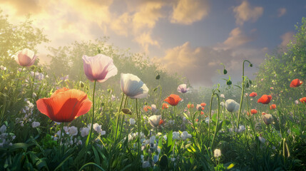Obraz premium Vibrant poppy field at sunrise with blooming wildflowers and serene sky