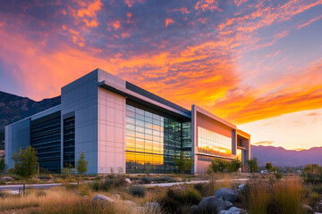 Modern data center building set against a colorful sunset, surrounded by mountains and natural landscapes