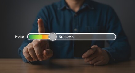 Business success measurement concept. Interactive digital slider showcasing success level, user interacting with futuristic interface, virtual progress bar design, modern business achievement